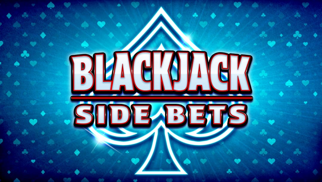 The Blackjack Side Bets online casino game banner featuring bold red and white text over a large spade symbol. The background is a vibrant blue with a subtle pattern of playing card suits, including hearts, diamonds, clubs, and spades. The design has a glowing effect, enhancing the casino-themed aesthetic.