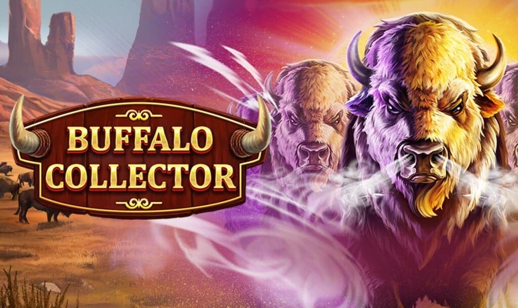 The Buffalo Collector online slot game banner featuring a powerful, glowing buffalo with misty breath charging forward, followed by a herd of buffalos. The game's title, “Buffalo Collector,” is displayed on a wooden sign with horn decorations. The background showcases a rugged Western landscape with towering rock formations and a group of buffalo grazing in the distance.