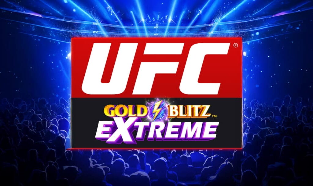 The UFC Gold Blitz Extreme title screen. The background features bright lights in the center of an arena. Silhouettes of the crowd can be seen. In the foreground is the official UFC branding with the title and logo for “Gold Blitz Extreme” below it.