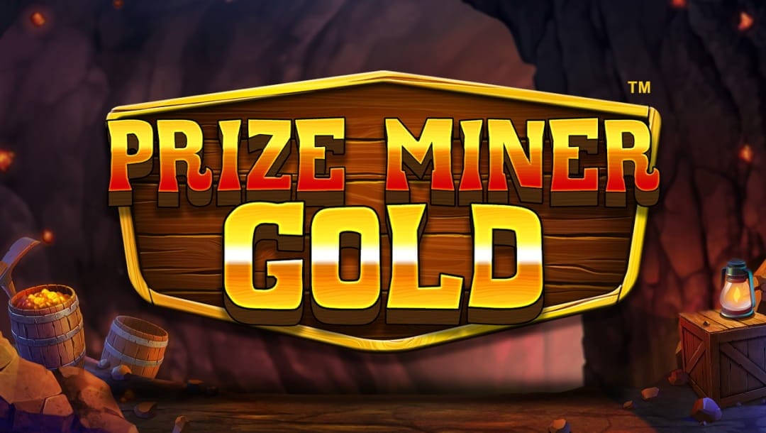 The Prize Miner Gold title screen. The background is the inside of a mineshaft. Light appears from the far end of the tunnel. There are barrels with gold and other mining equipment on either side of the mineshaft. The game title is set against a wooden board with a gold border in the foreground.