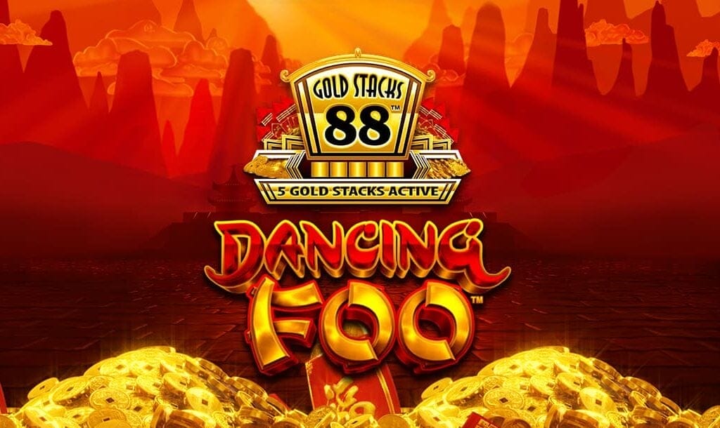 The Gold Stacks 88 Dancing Foo online slot game banner featuring the title displayed in bold golden and red stylized lettering, with a golden ingot-shaped emblem above it that reads “Gold Stacks 88 — 5 Gold Stacks Active.” The background features a glowing red and gold landscape with mountains, pagodas, and piles of gold coins in the foreground, creating a rich and festive atmosphere.