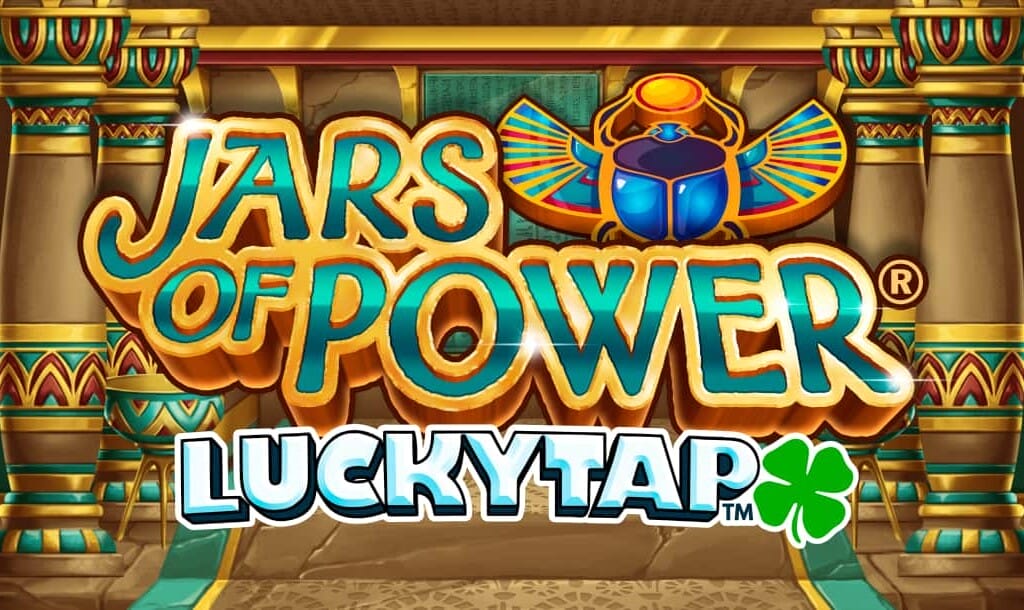 Title screen of the Jars of Power LuckyTap game. The logo features bold, golden text with an Egyptian theme set against a grand temple backdrop adorned with intricate carvings and gold accents. A large blue scarab beetle with outstretched wings sits above the title, symbolizing ancient Egyptian mythology. The LuckyTap logo is displayed below, featuring a green four-leaf clover. The setting evokes a sense of mystery and treasure, fitting for an Egyptian-themed game.