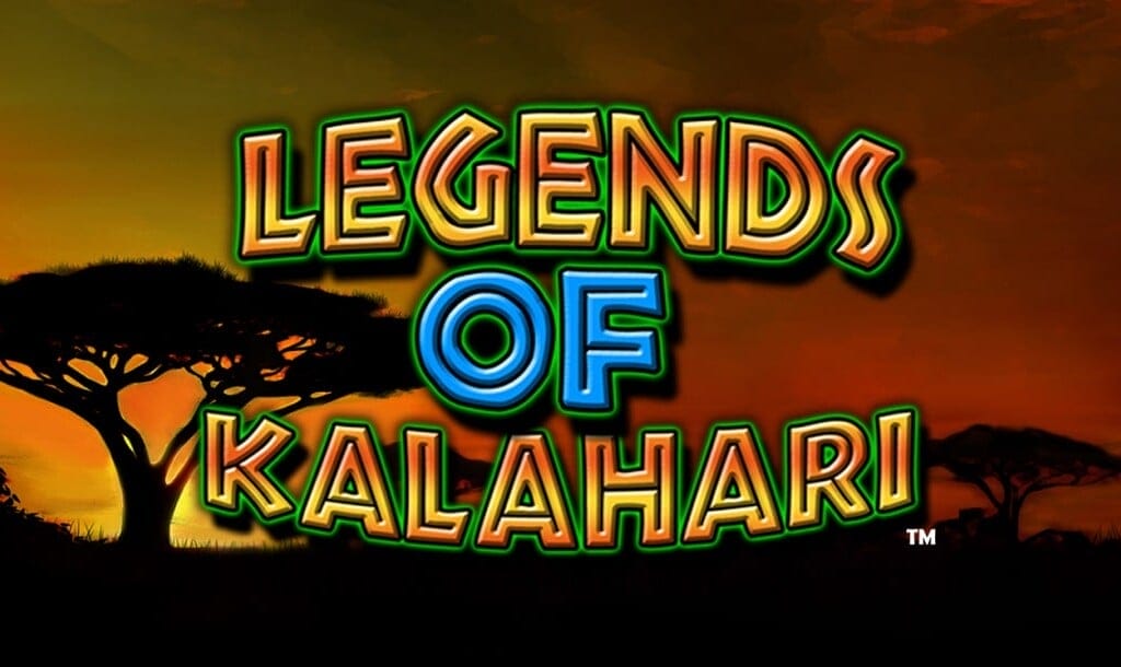 The Legends of Kalahari online slot game banner. The title is displayed in bold, colorful letters with a mix of yellow, green, and blue, outlined in black for contrast. The background features a striking African savanna landscape at sunset, with silhouettes of acacia trees against an orange and red sky, evoking the beauty of the Kalahari region.