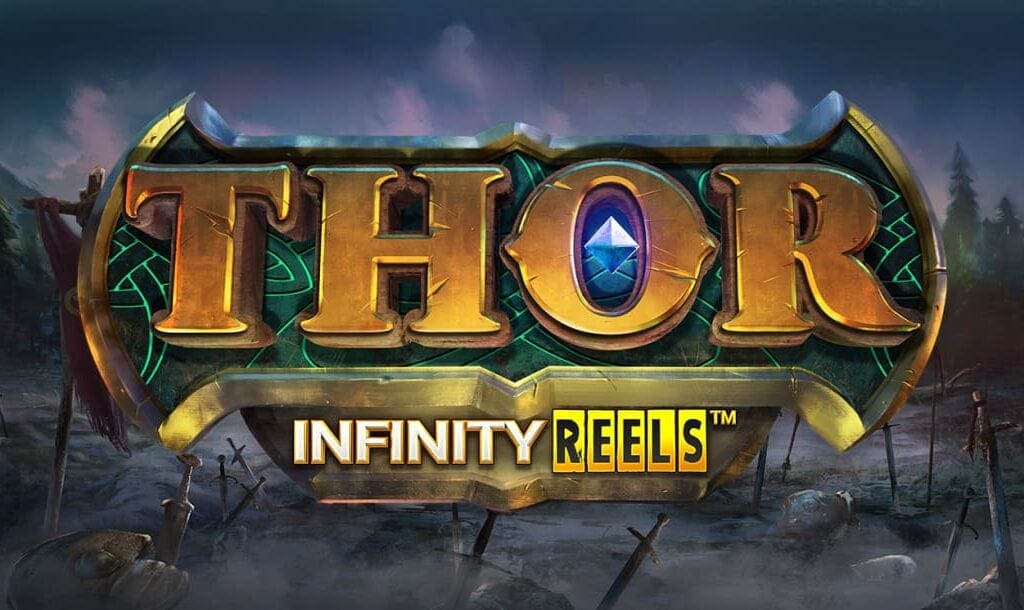 The Thor Infinity Reels online slot game banner, featuring the title “THOR” displayed in large, bold golden letters with a blue gemstone embedded in the “O,” while “Infinity Reels” is written below in a metallic style. The background features a dark, misty battlefield with scattered swords and shields, creating an intense, war-torn atmosphere.