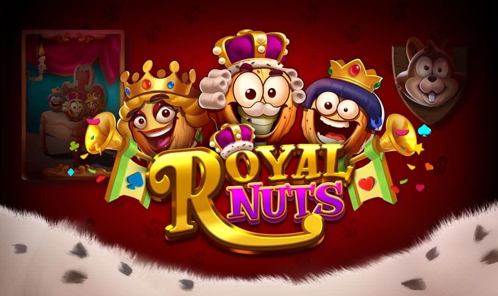 The Royal Nuts title screen. The background is a red and white fur coat. There’s a portrait of the royal nuts cartoon characters on the left and the mounted head of a cartoon squirrel on the right. In the foreground is the game title “Royal Nuts”. The word “Rich” is in a gold font while the word “Nuts” is in a purple font with a gold outline. Above the game title, are the three cartoon royals, the queen, the king, and the prince.