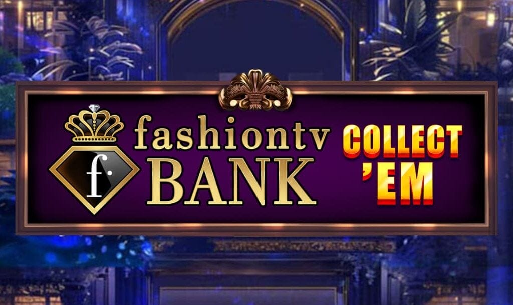 The FashionTV Bank Collect’Em title screen. The background is the entrance to a lavish mansion at night. In the foreground is a gold and purple plaque with the game title.