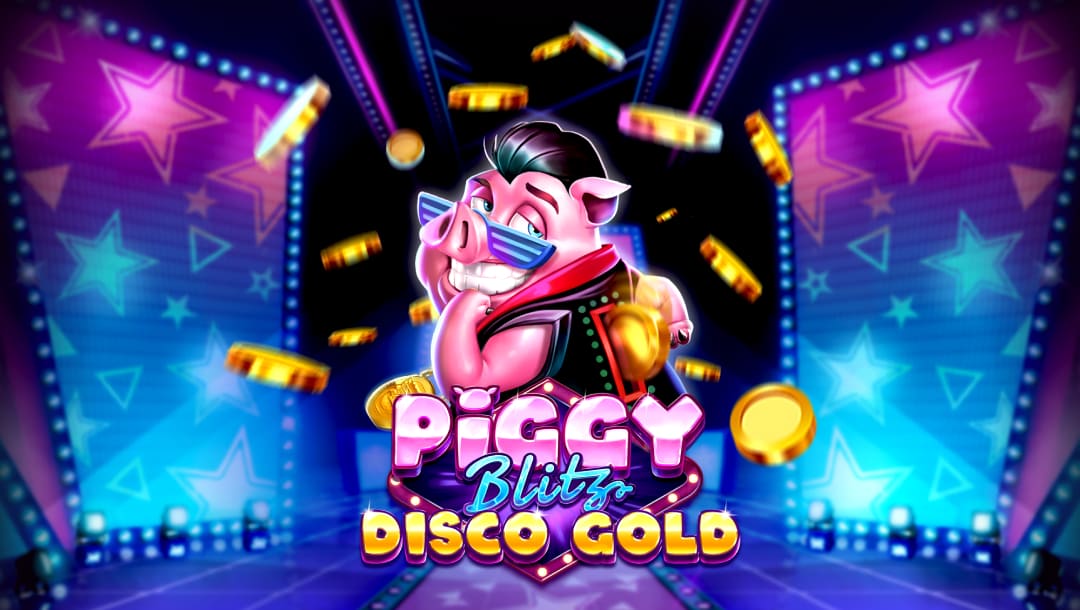 The title screen of the Piggy Blitz Disco Gold slot game. A smiling pig with black, slicked-back hair, sunglasses, and a leather vest appears behind the game logo, with his back turned toward the viewer. A coin is going into a slot into his back as if he were a piggy bank and more coins float around the logo. The background is a dance floor.