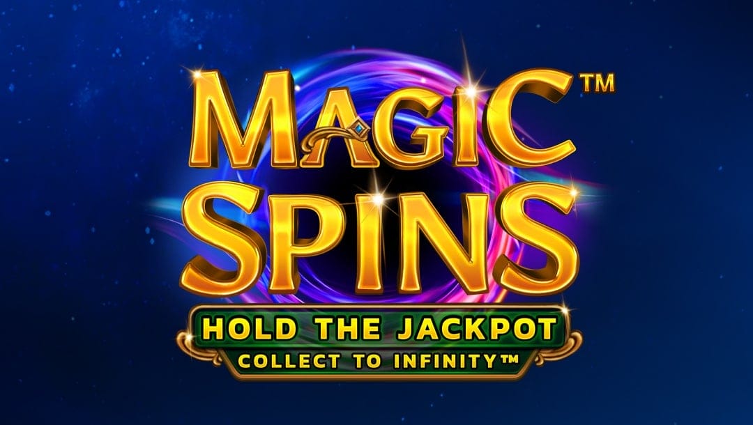 A glowing logo for the slot game Magic Spins with a swirling vortex of blue, purple, and pink light in the background. The game's title Magic Spins is displayed in golden, magical-style lettering, with a subtle sparkle effect. Below, a tagline in bold green and gold text reads HOLD THE JACKPOT COLLECT TO INFINITY. The background is a deep blue, resembling a cosmic or mystical setting.