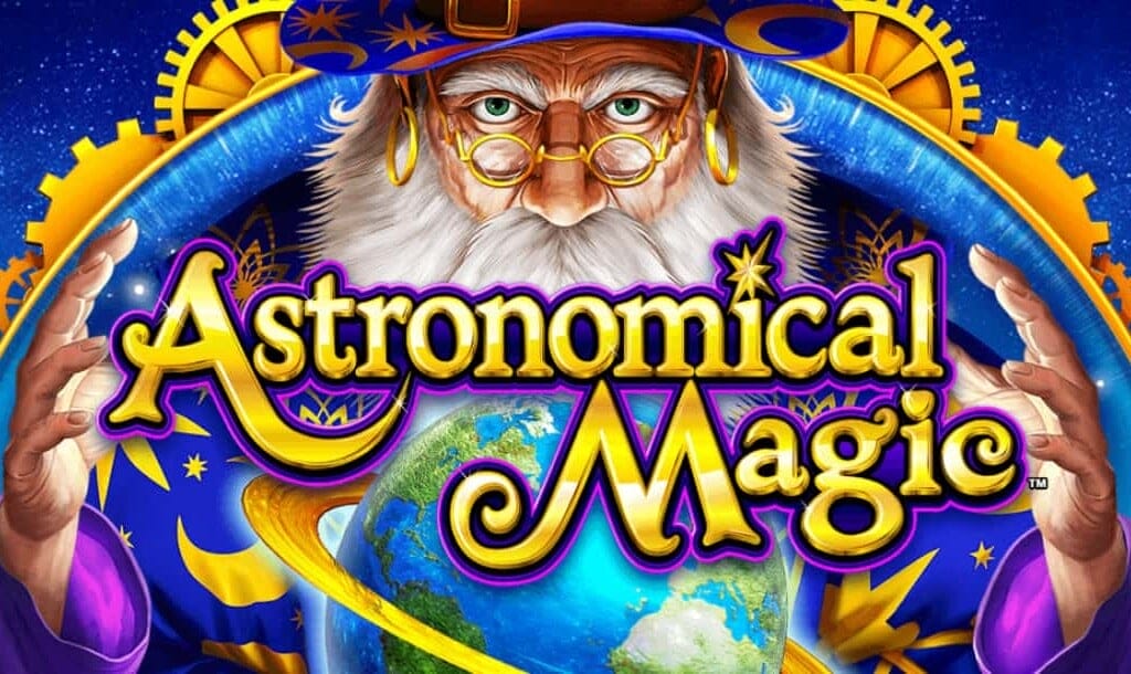 The Astronomical Magic title screen. An old, bearded wizard wearing glasses, a wizard’s robe, and a wizard’s hat has his arms raised on either side of a miniature Earth surrounded by a golden disc. Behind the wizard is a dark golden ring with cogs around it. In the foreground is the title Astronomical Magic in a gold fantasy-style font with a purple and pink outline.