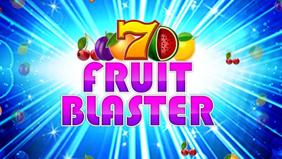 Bright and colourful slot game screen featuring the title "Fruit Blaster" in bold pink and purple letters. Above the title is a large red and yellow number 7 surrounded by various fruits like watermelon, lemon, cherry, plum, and grapes. The background features radiant blue light rays and floating fruit symbols.