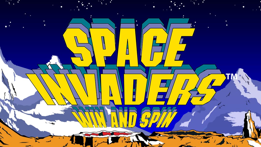 A bold and colourful title screen for the game “Space Invaders: Win and Spin.” The large yellow 3D-style lettering dominates the centre of the image, set against a dramatic, illustrated outer space landscape with rugged orange terrain, white mountains, and a starry night sky. The classic retro arcade aesthetic is reminiscent of vintage sci-fi and pixel art.