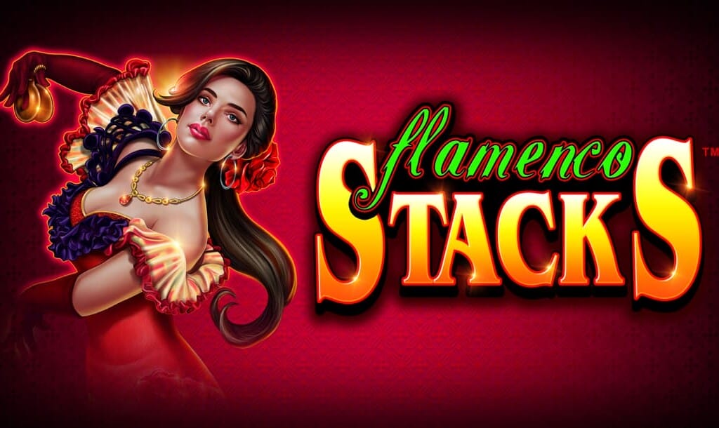 The title screen for Flamenco Stacks. A woman is dancing the flamenco next to the game’s logo, against a dark burgundy background. She is wearing a red dress and gloves, as well as bright red lipstick with a big rose in her hair.
