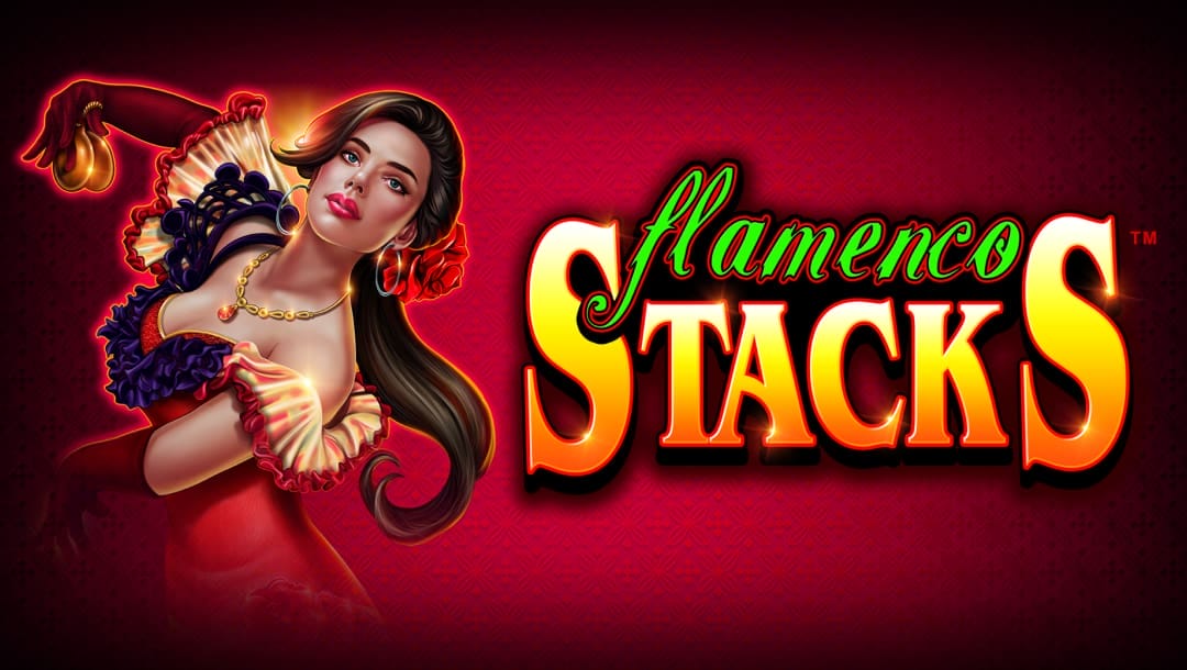 The title screen for Flamenco Stacks. A woman is dancing the flamenco next to the game’s logo, against a dark burgundy background. She is wearing a red dress and gloves, as well as bright red lipstick with a big rose in her hair.