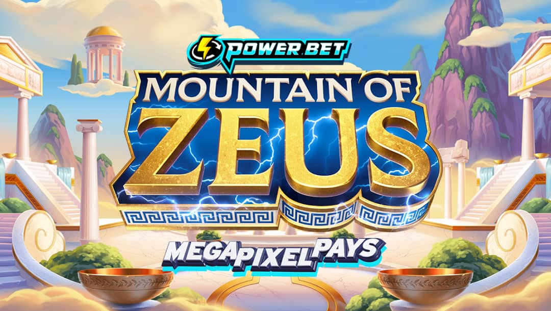 Banner image with game title Mountains of Zeus Mega Pixel Pays. The title hovers in front of a Greek temple scene with staircases and columns, and mountains in the background.