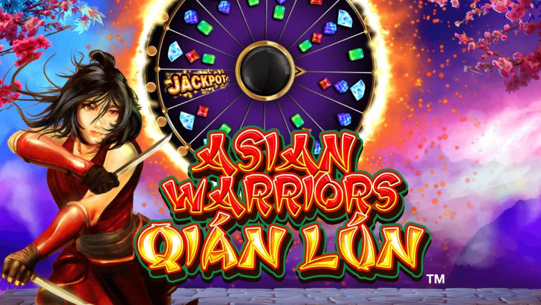 The Asian Warriors Qian Lun title screen featuring a fierce female warrior in a red outfit holding dual swords, standing in front of a blazing jackpot wheel filled with colorful gemstones. The title is written in bold red-and-gold lettering with a green outline, set against a dramatic sky of pink, purple, and orange hues, framed by cherry blossoms.