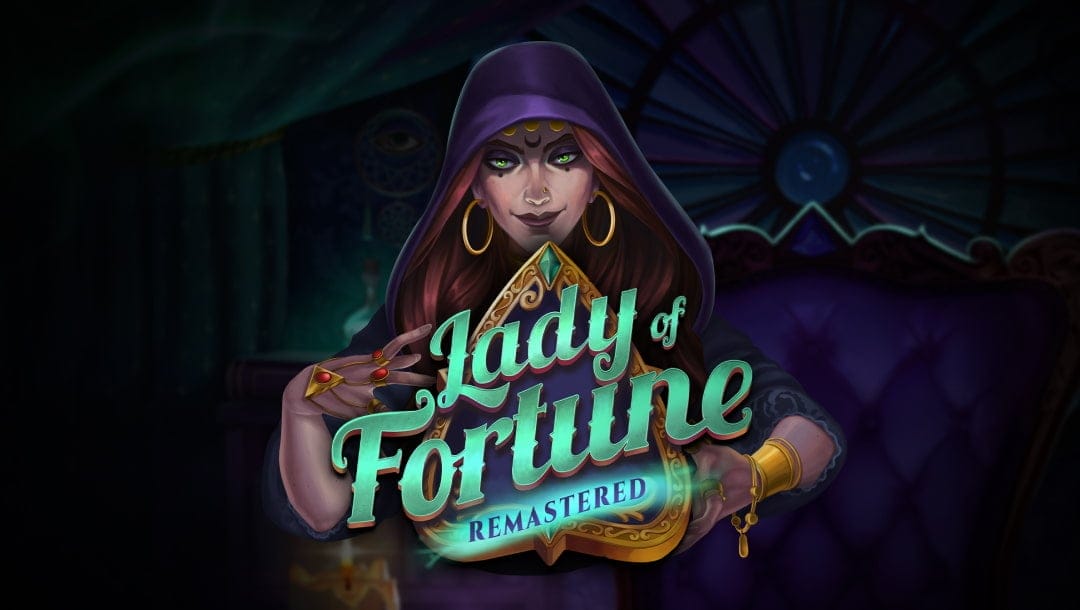 The title screen of Lady of Fortune Remastered, featuring a mysterious fortune teller with piercing green eyes, a deep purple hood, and gold jewelry. She holds a glowing crystal triangle inscribed with the game’s title in elegant teal lettering. The background hints at a velvet-draped tent with magical symbols.