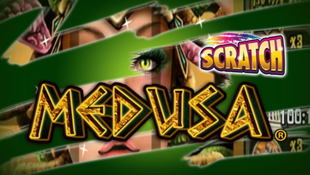 Title screen of Medusa Scratch with the green-eyed Medusa in the background. A green scratch surface covers portions of her face, with the Scratch logo in the foreground sitting above stylized text of the Greek monster’s name.