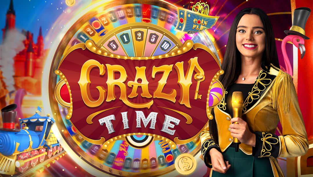 Promotional image for the live casino game "Crazy Time." A smiling game show host in a yellow and black circus-style jacket stands holding a gold microphone. Behind her is a large colorful spinning wheel with various numbers and bonus segments, along with vibrant elements like a blue train, gold coins, and a pink flamingo with a top hat, creating a lively, carnival-like atmosphere.