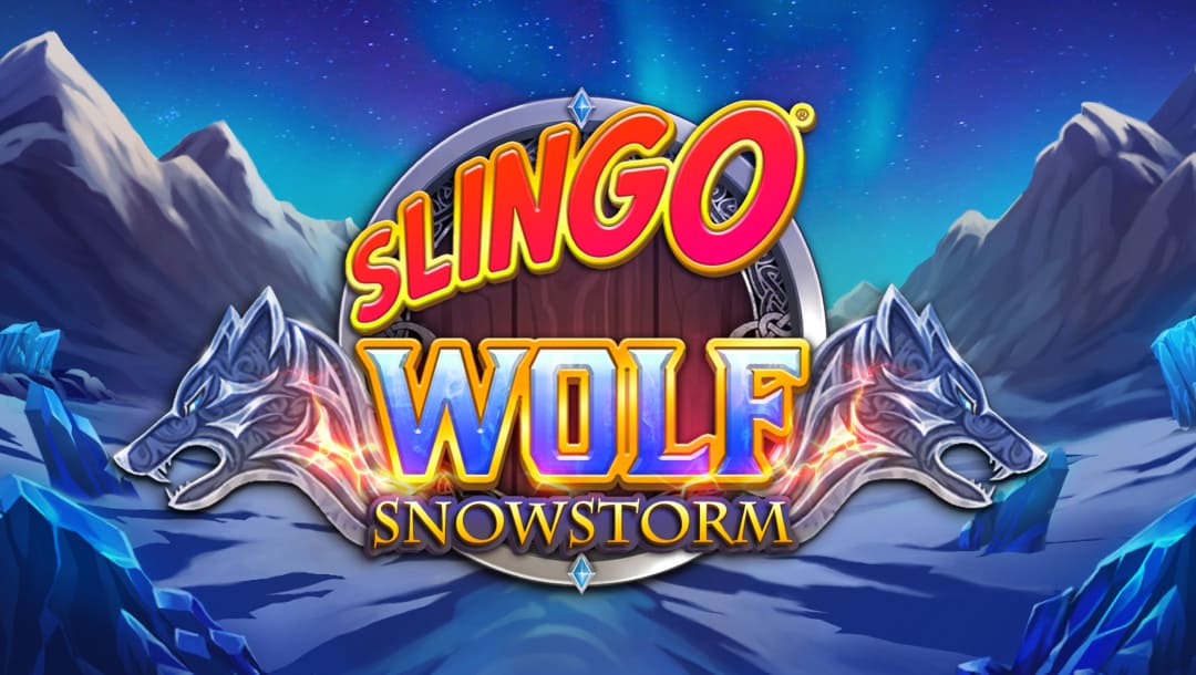 The game’s title screen features two fierce wolves depicted as stylized graphics, with the iconic Slingo logo in bright red. The frozen landscape behind the title serves as the game’s background with an ice river, ice spikes, and snow-capped mountains.