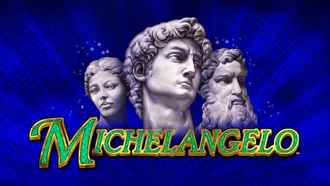 The Michelangelo slot game title screen with three marble statue heads around the title, one of a woman, one of a young man with curly hair, and one of an older bearded man. The title Michelangelo is written in a bold green and gold font with ornate detailing. The background is deep blue with a diamond pattern and scattered sparkles.