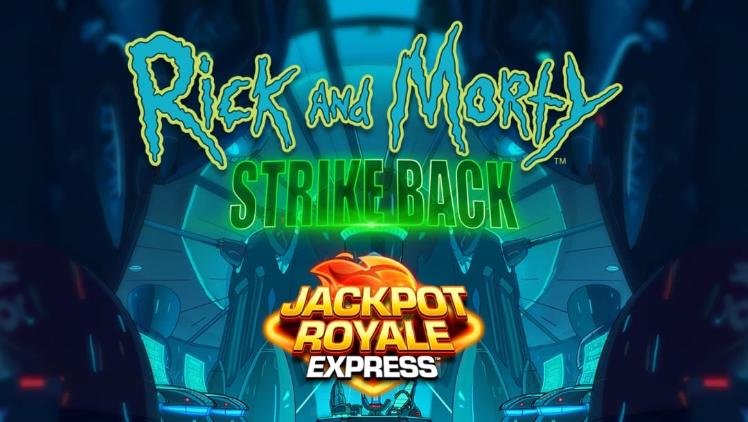 Rick and Morty game logo, featuring the Jackpot Royale Express artwork against the spaceship interior featured on the popular TV show.