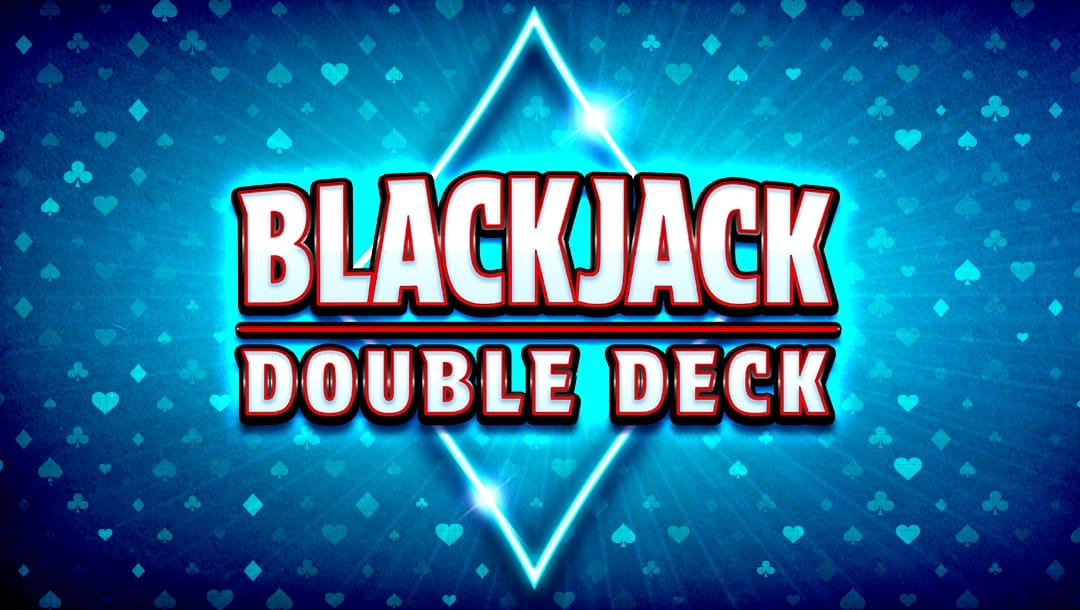 Header image with game title Blackjack Double Deck against a deep blue background with scattered shiny hearts, clubs, diamonds, and spades.