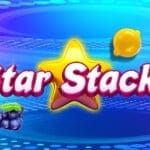 The Star Stacks title screen featuring the game’s name in bright pink and white bubble letters across a glowing yellow star. The background is a swirling galaxy of blue and purple with dotted light trails. Surrounding the title are glossy fruit symbols (cherries, a lemon, an orange, a watermelon, grapes) and a shimmering blue diamond.