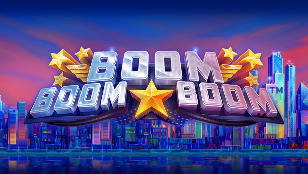 Banner image with the game title “Boom Boom Boom” emitting shooting stars against a big-city skyline.