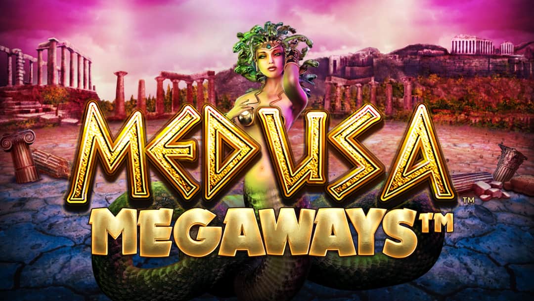 A banner image with the game title of Medusa Megaways in gold Greek-style letters. Behind the title is snake-haired Medusa against the backdrop of a ruined Greek temple.