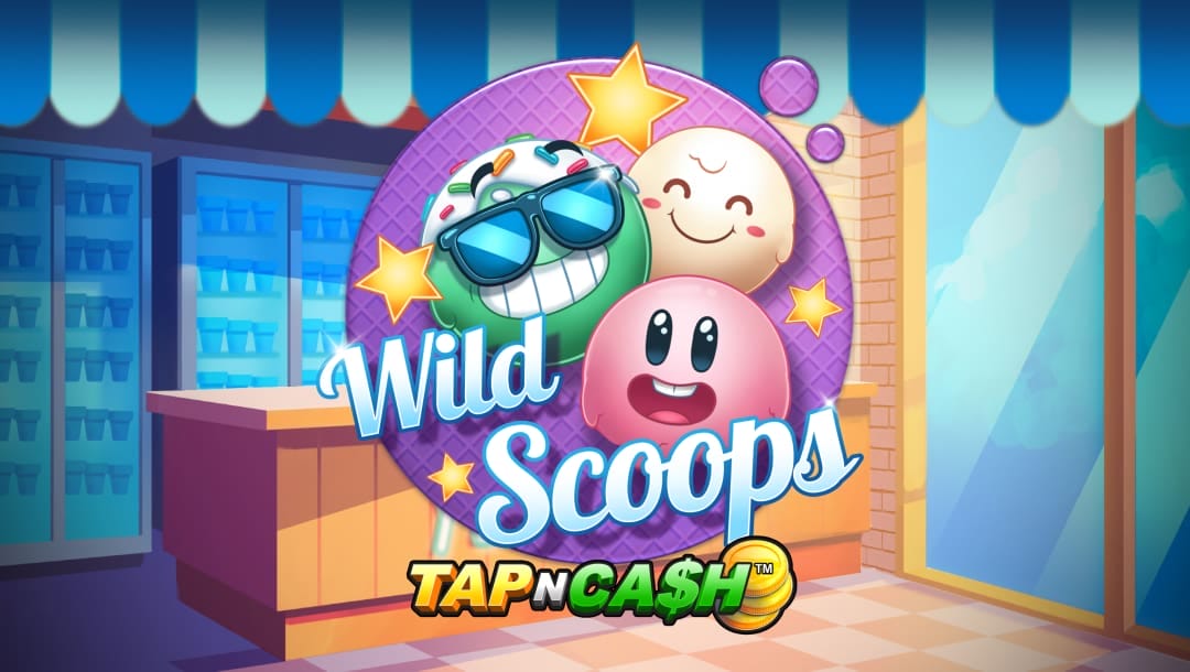 Banner image with game title “Wild Scoops TapNCash” in metallic silver, gold, and green letters. Behind the words, three animated ice cream scoops float inside a store, with a high-rise visible through a glass door in the background.