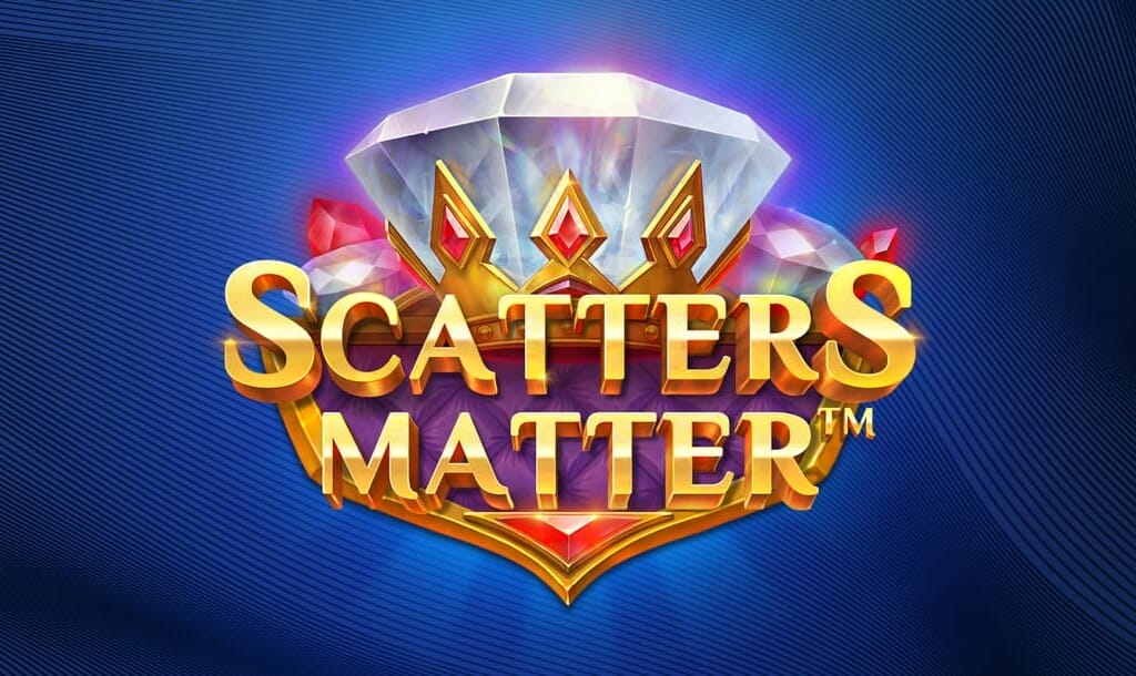Title screen for the Scatters Matter slot game picturing a large, sparkling diamond at the center surrounded by ruby-like gemstones and a crown, with the game's name, Scatters Matter, in bold, golden letters. The background has a deep blue gradient with a smooth, wave-like texture.