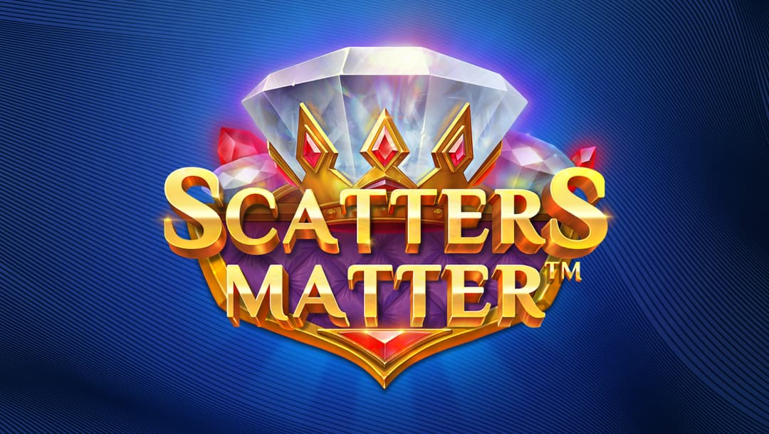 Title screen for the Scatters Matter slot game picturing a large, sparkling diamond at the center surrounded by ruby-like gemstones and a crown, with the game's name, Scatters Matter, in bold, golden letters. The background has a deep blue gradient with a smooth, wave-like texture.