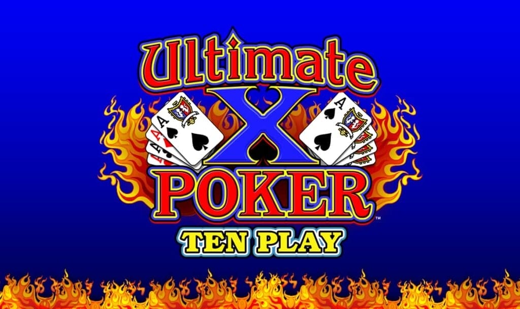 Graphic promotional image for "Ultimate X Poker Ten Play" featuring flaming playing cards with royal flush hands and bold red and yellow typography against a blue background with flames along the bottom.