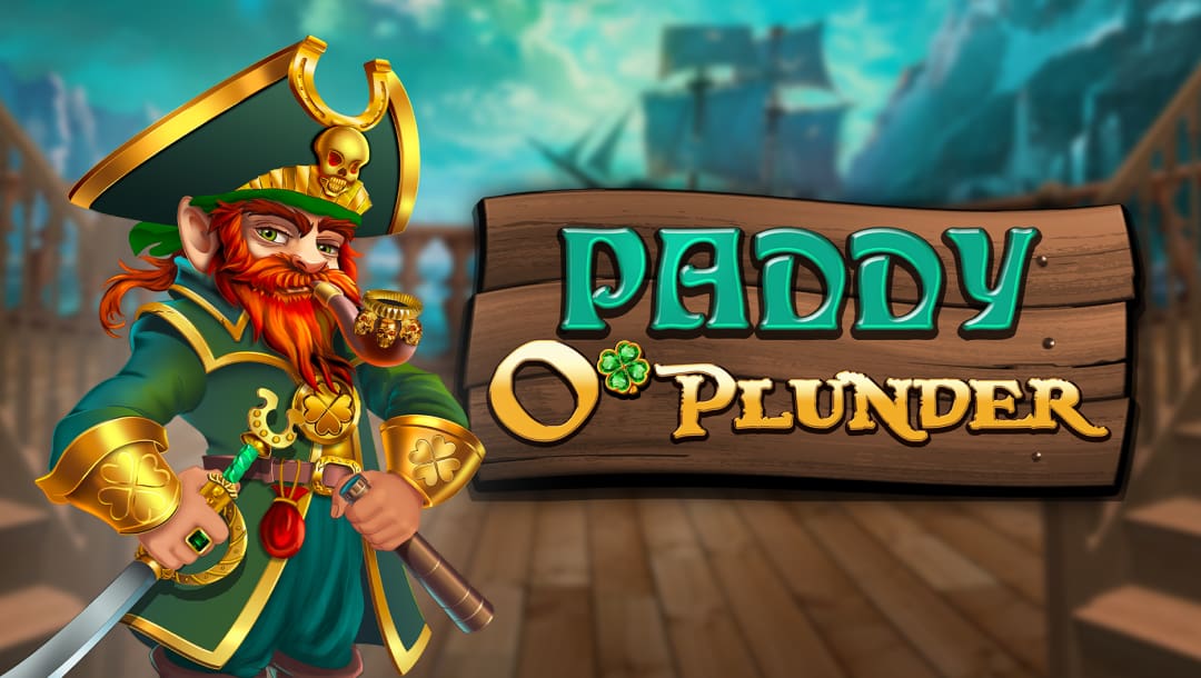 A vibrant cartoon-style image featuring a red-bearded pirate leprechaun in green and gold attire, holding a sword and smoking a pipe, standing confidently on a ship deck. To the right, a wooden sign displays the game title "Paddy O'Plunder" with a shamrock replacing the apostrophe in "O’", and a pirate ship sails in the misty background.