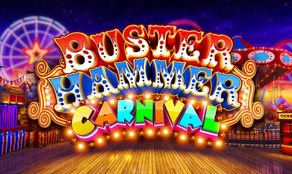 colorful "Buster Hammer Carnival" logo displayed over a vibrant carnival background with a wooden boardwalk, Ferris wheel, carousel, and ticket booth illuminated by festive lights.