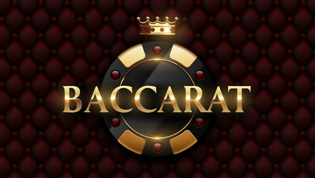An illustrated image of a gold and black casino chip against a plush maroon background. A crown is visible above it and the word baccarat appears in a rich gold font with highlights.