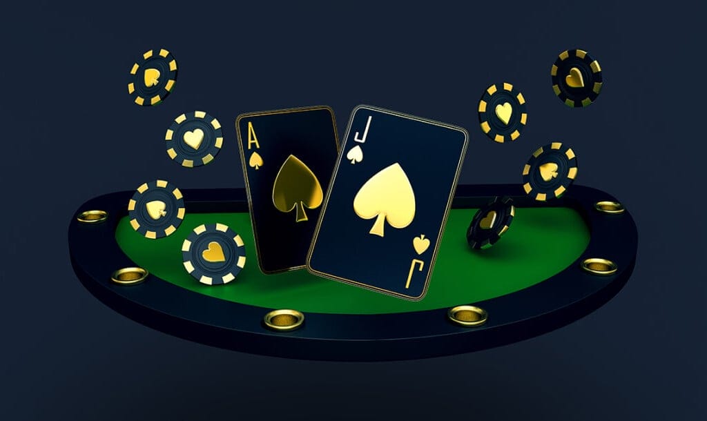 A stylised 3D-rendered poker table with black and gold playing chips flying around, featuring an Ace and Jack of Spades cards prominently displayed, representing a blackjack hand. The design has a sleek, modern look with dark blue and green tones.