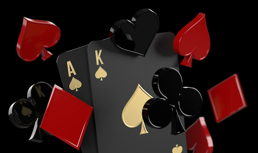 A 3D rendered image of black playing cards featuring the Ace and King of Spades, surrounded by floating red and black card suits—hearts, clubs, diamonds, and spades—set against a dark background. The scene has a glossy, high-contrast look.