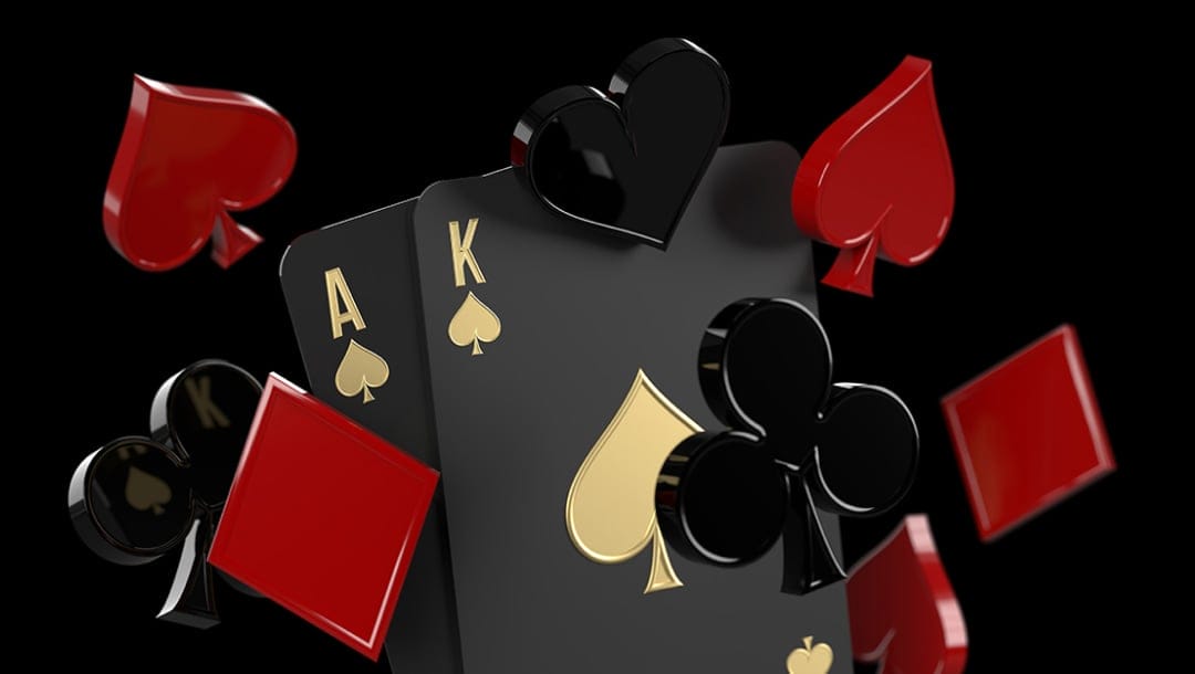 A 3D rendered image of black playing cards featuring the Ace and King of Spades, surrounded by floating red and black card suits—hearts, clubs, diamonds, and spades—set against a dark background. The scene has a glossy, high-contrast look.