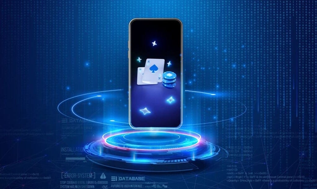 A glowing smartphone floats above a digital platform in a futuristic blue environment, displaying virtual poker chips and playing cards on its screen.