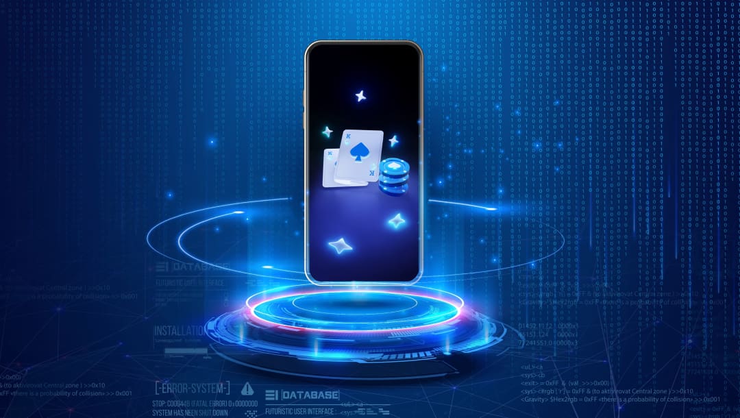 A glowing smartphone floats above a digital platform in a futuristic blue environment, displaying virtual poker chips and playing cards on its screen.