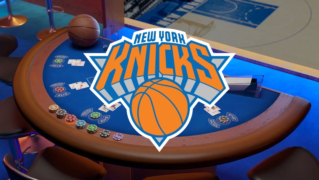 The New York Knicks game banner. The background features a blackjack table with a basketball on it. Five chairs are positioned around the table. The New York Knicks basketball court is visible behind the table. In the foreground is the New York Knicks logo. The game name is rendered in a bold font with orange, blue, and gray colors. A basketball is visible below the game name.