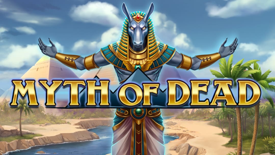 Title screen of Myth of Dead featuring the game logo in gold, placed in front of Anubis with arms stretched out and with the Nile and pyramids in the background.