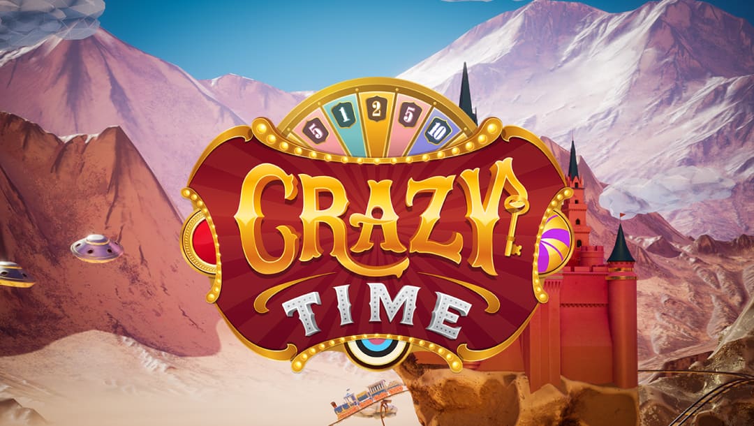 The Crazy Time game banner. The background features snow-covered mountains and a magical castle. In the foreground is the game logo, portrayed in a carnival style with bright lights around it.