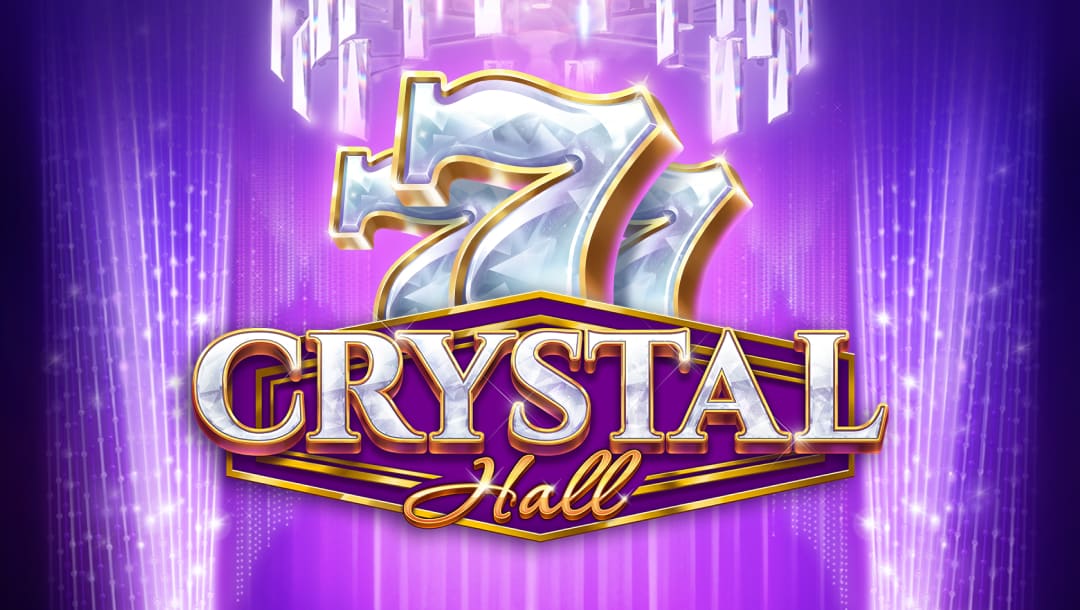 The Crystal Hall title screen featuring shimmering, diamond-studded 7s symbols above the game title written in elegant white and gold lettering. The background is a glowing purple stage with cascading crystal chandeliers and radiant light beams.