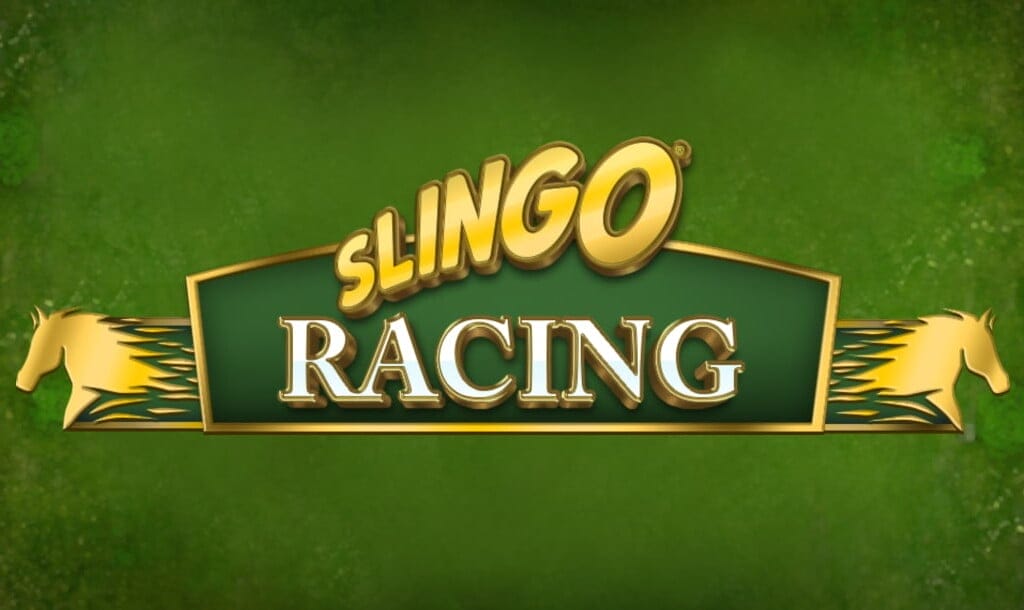 Green title screen for the Slingo Racing game, featuring bold gold text and stylized horse silhouettes on either side of the logo.