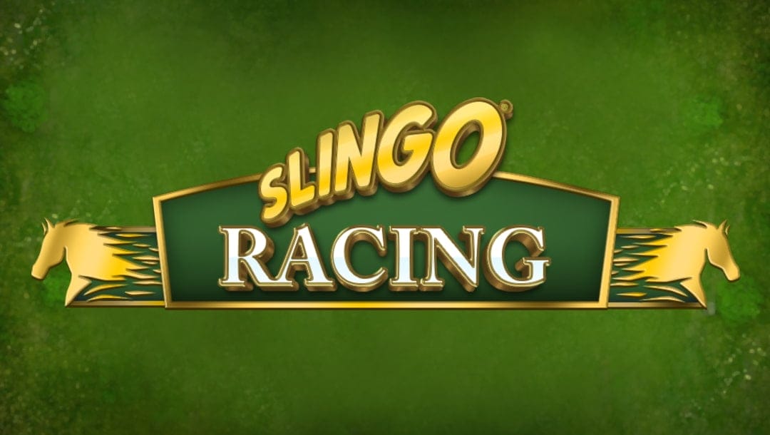 Green title screen for the Slingo Racing game, featuring bold gold text and stylized horse silhouettes on either side of the logo.
