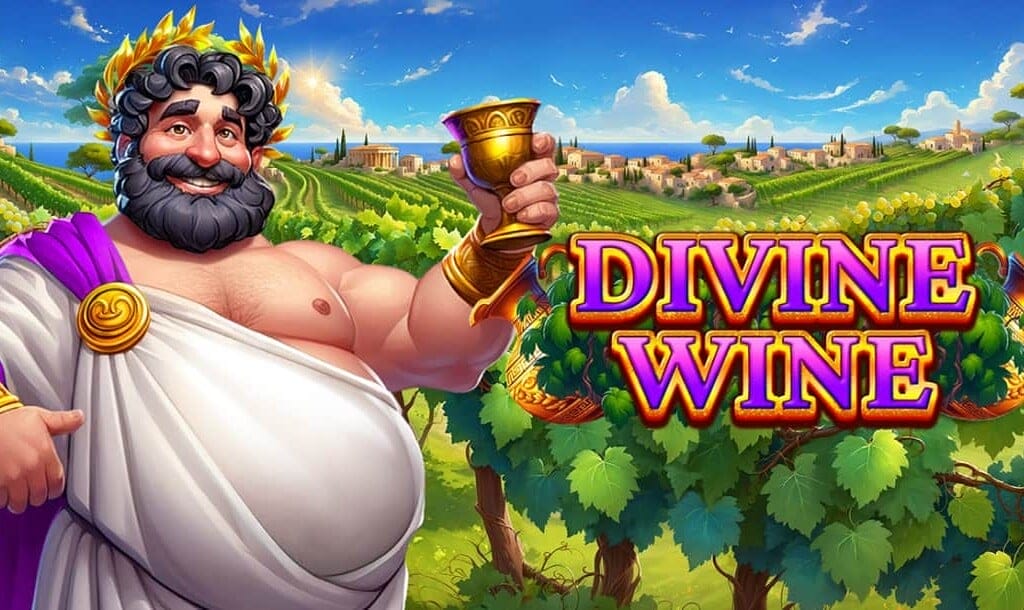 The Divine Wine title screen featuring a jovial Greek god-like character with a laurel crown and golden goblet standing in front of a lush vineyard backdrop under a bright blue sky. The game title Divine Wine appears in bold purple and gold lettering beside him, with grapevines and terracotta-roofed buildings stretching into the distance.