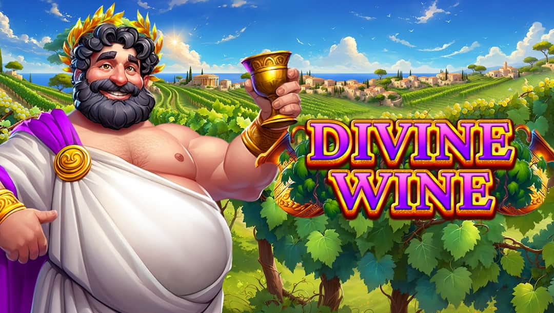 The Divine Wine title screen featuring a jovial Greek god-like character with a laurel crown and golden goblet standing in front of a lush vineyard backdrop under a bright blue sky. The game title Divine Wine appears in bold purple and gold lettering beside him, with grapevines and terracotta-roofed buildings stretching into the distance.