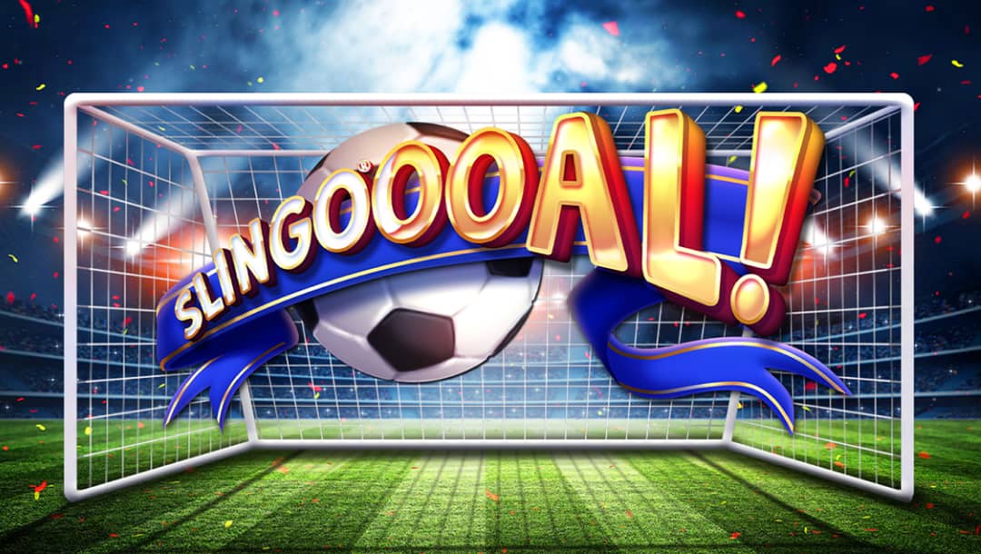 Title screen for Slingoooal game featuring the game’s name in large, golden letters with a blue ribbon and a soccer ball flying through a goalpost. The background shows a vibrant soccer stadium with cheering crowds and confetti, creating an energetic and sports-themed atmosphere.